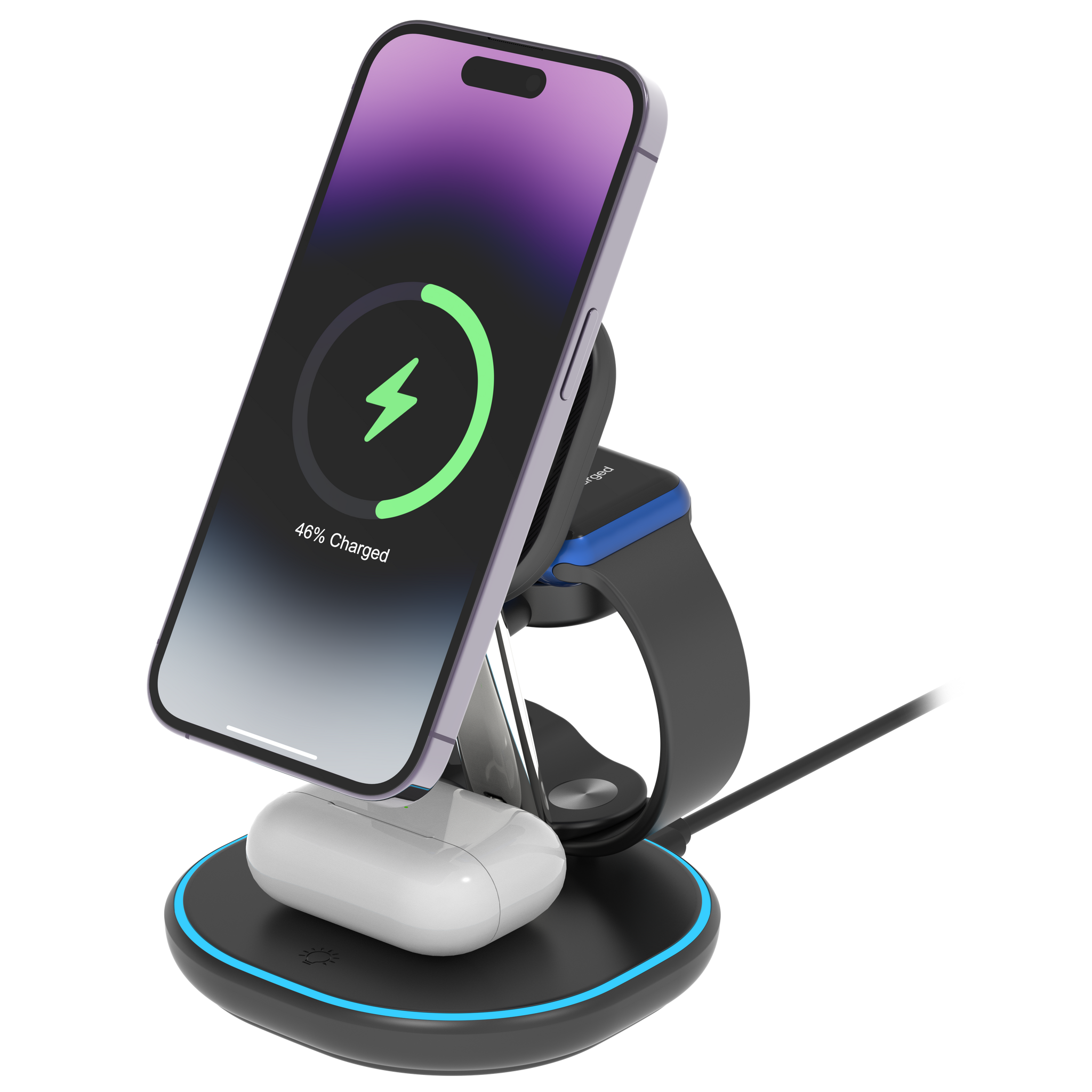 Deltaco 3-i-1 magnetisk trådløst ladestativ, iPhone/TWS/Watch, LED-lys