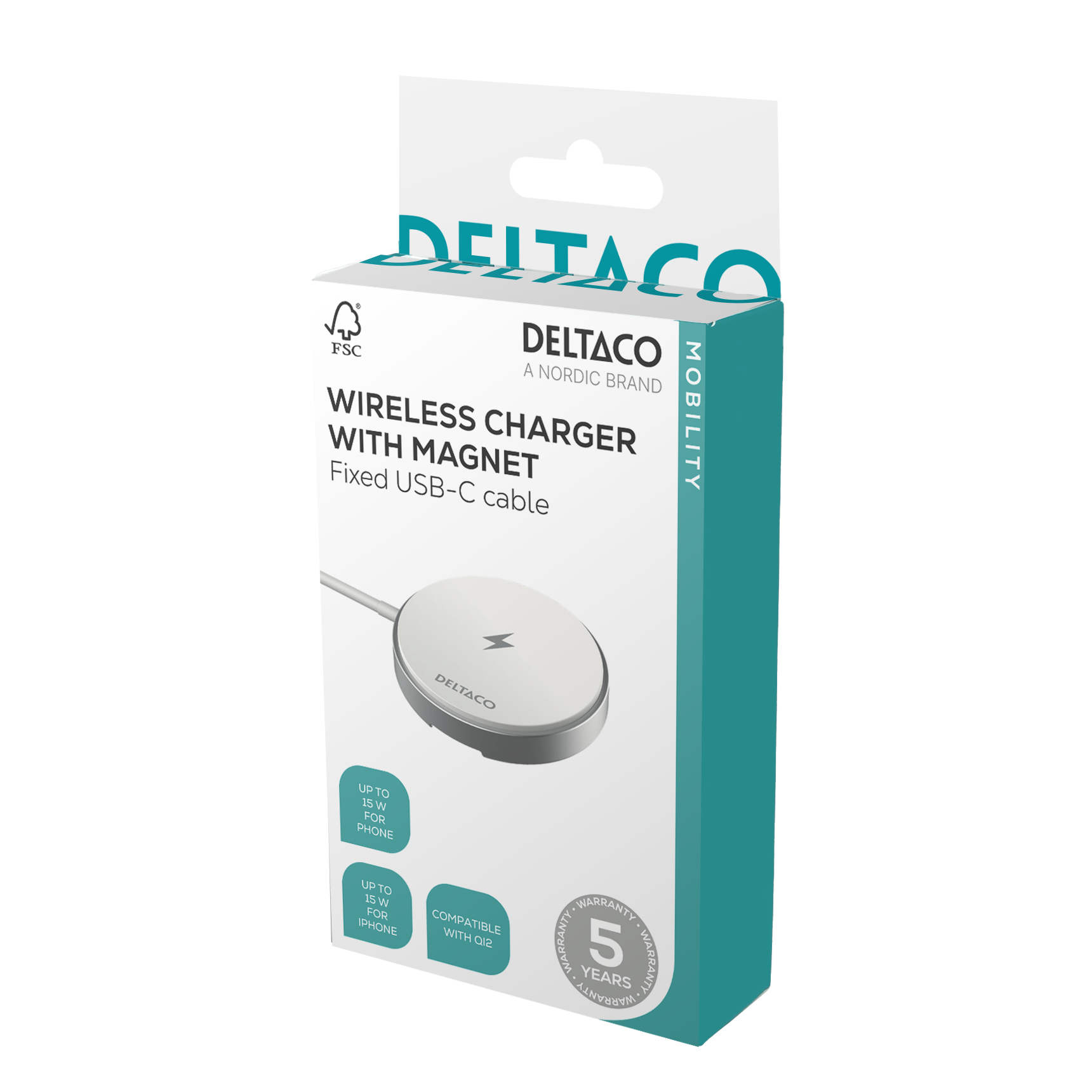 Deltaco Trådløs hurtiglader med magnet og stativ, iPhone 13/14/15/16, 15W, hvit