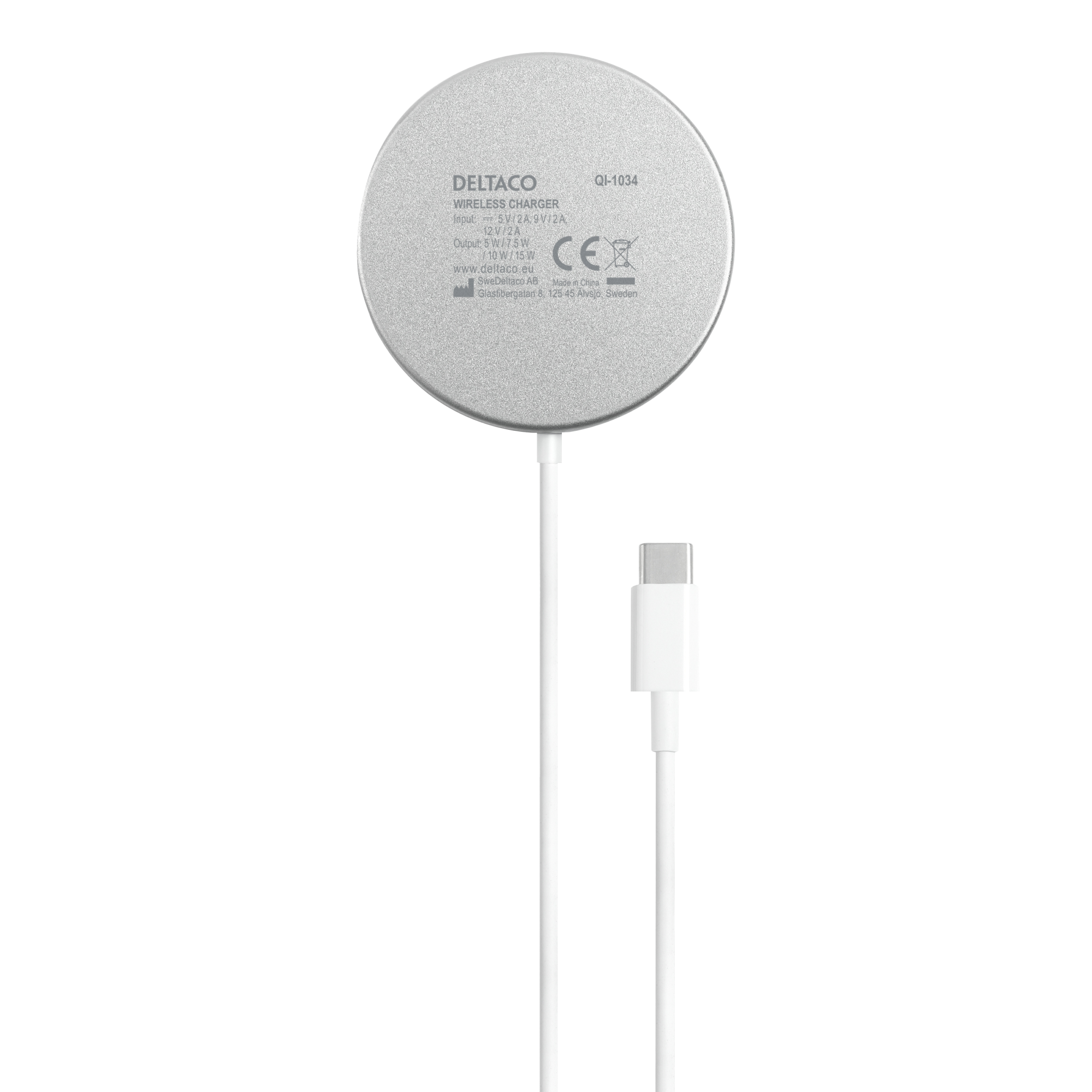 Deltaco Trådløs lader, for iPhone 13/14/15/16 og andre enheter, 1 m, hvit