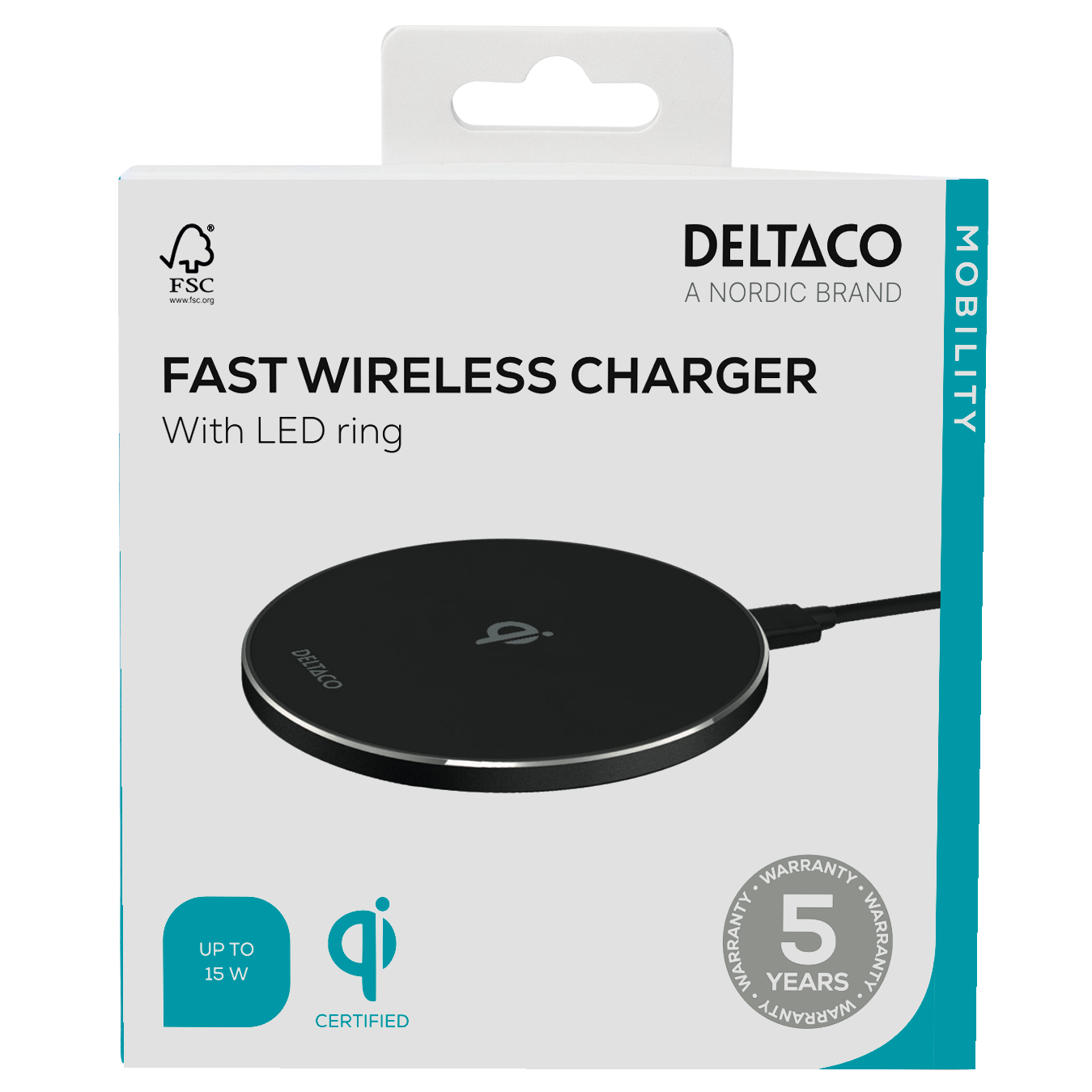 Deltaco Trådløs hurtiglader med LED-ring, 15 W, svart
