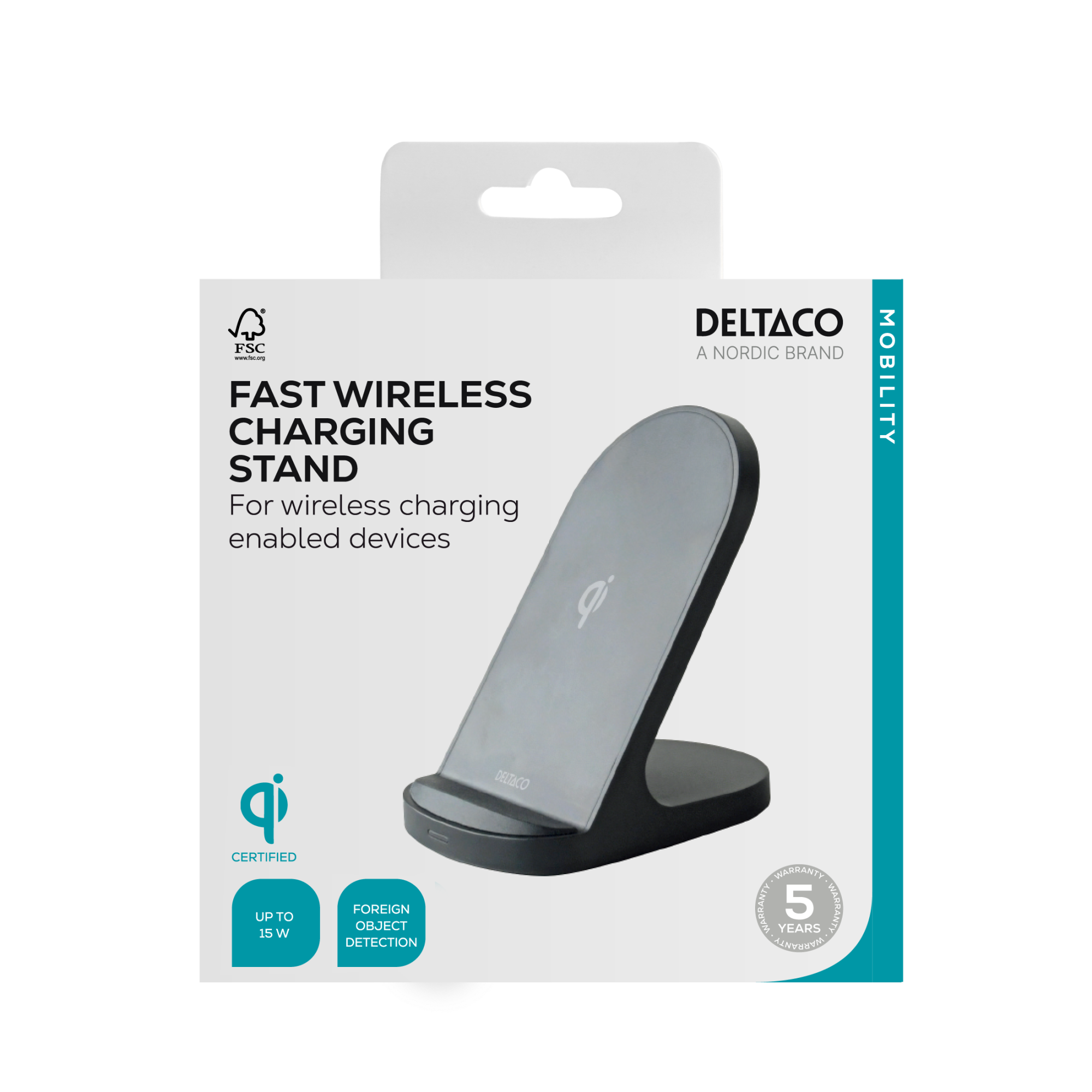 Deltaco Trådløst ladestativ, 15 W, USB-C, Qi-sertifisert, svart