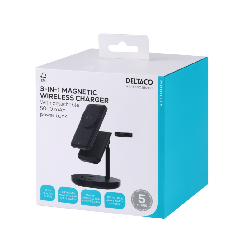 Deltaco 3-i-1 magnetisk trådløs lader, avtakbar powerbank, iPhone/Apple watch/ørepropper