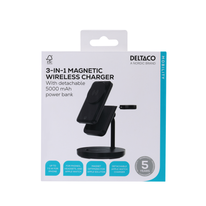Deltaco 3-i-1 magnetisk trådløs lader, avtakbar powerbank, iPhone/Apple watch/ørepropper
