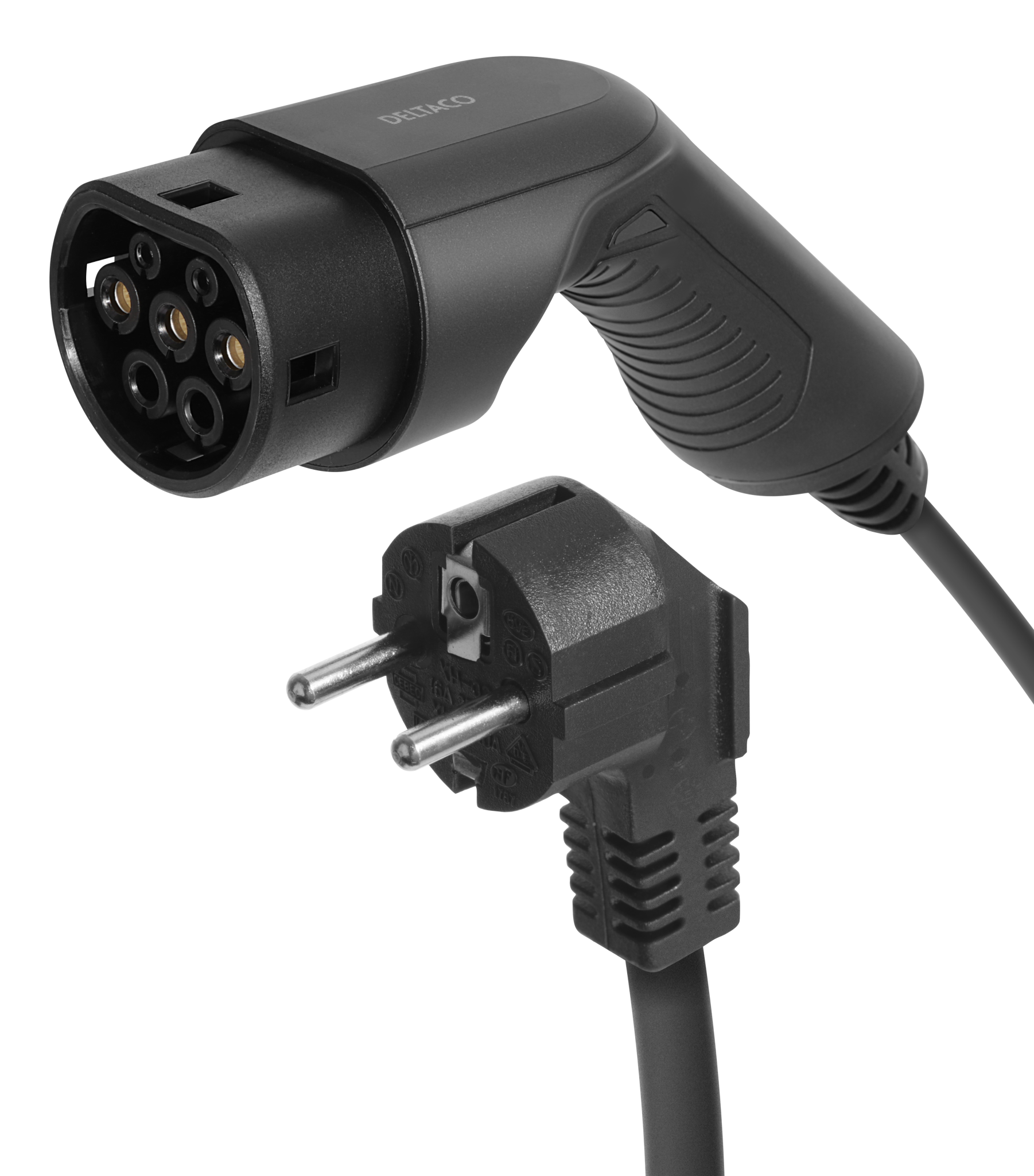 Deltaco e-Charge kabel, Schuko til type 2, 1 fase, 10A, 2.3kW, svart