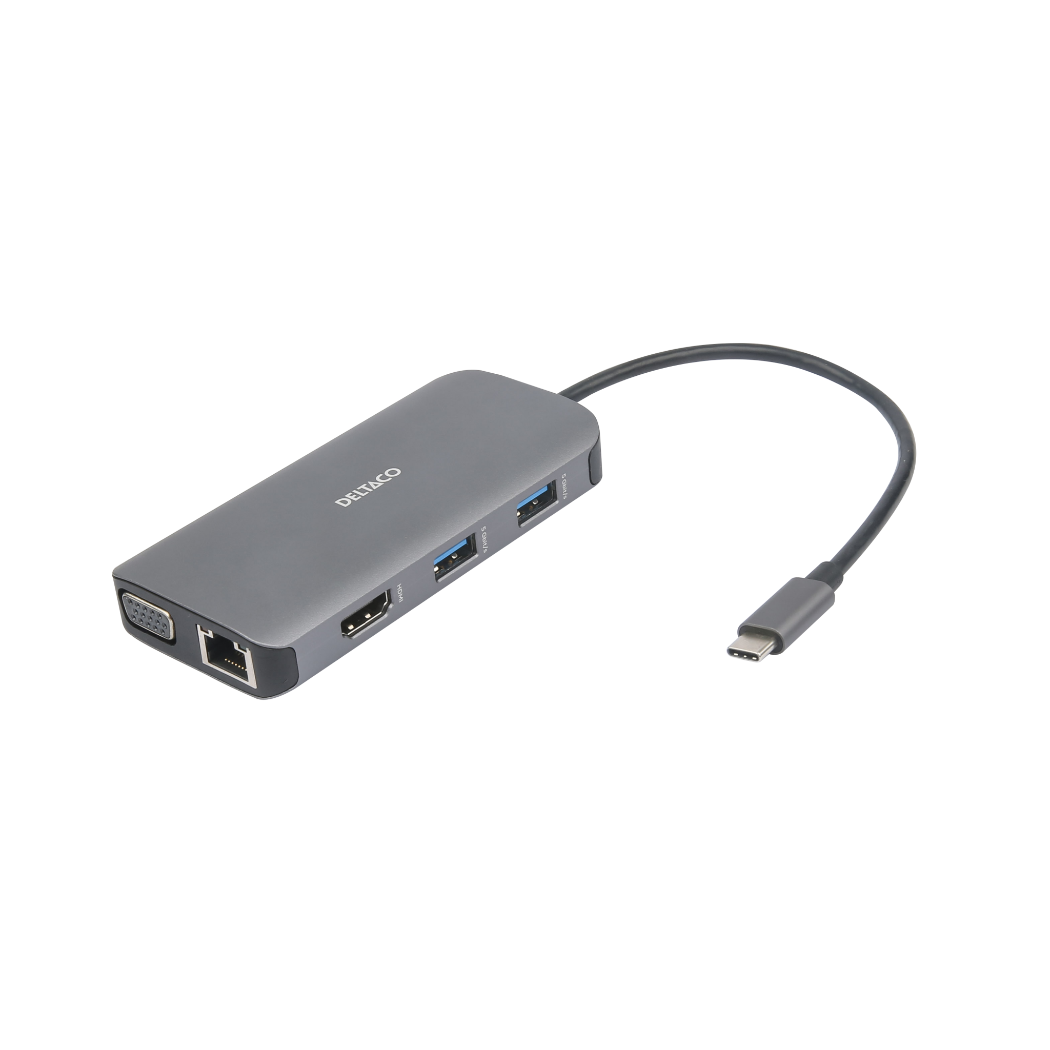 Deltaco USB-C dockingstasjon HDMI/VGA/RJ45/3x USB-A/SD/microSD/USB-C, grå