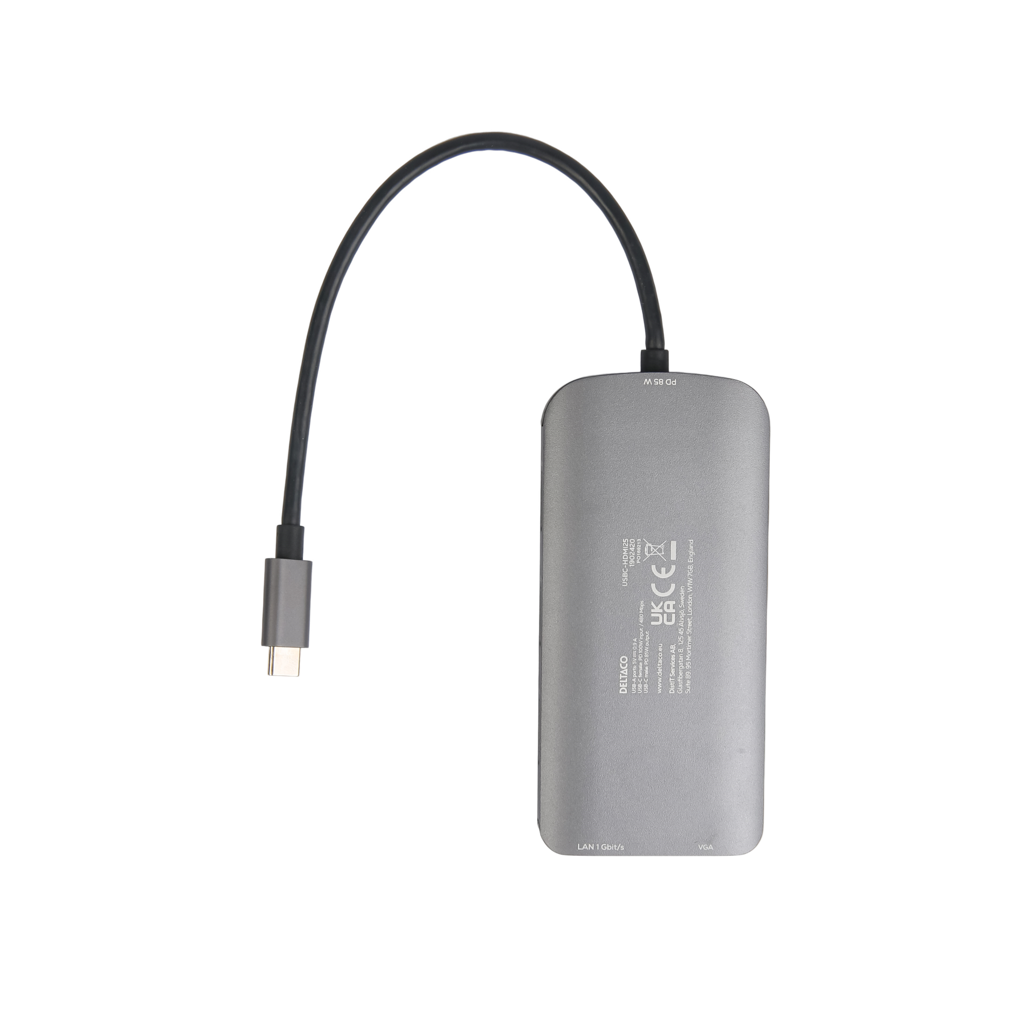 Deltaco USB-C dockingstasjon HDMI/VGA/RJ45/3x USB-A/SD/microSD/USB-C, grå