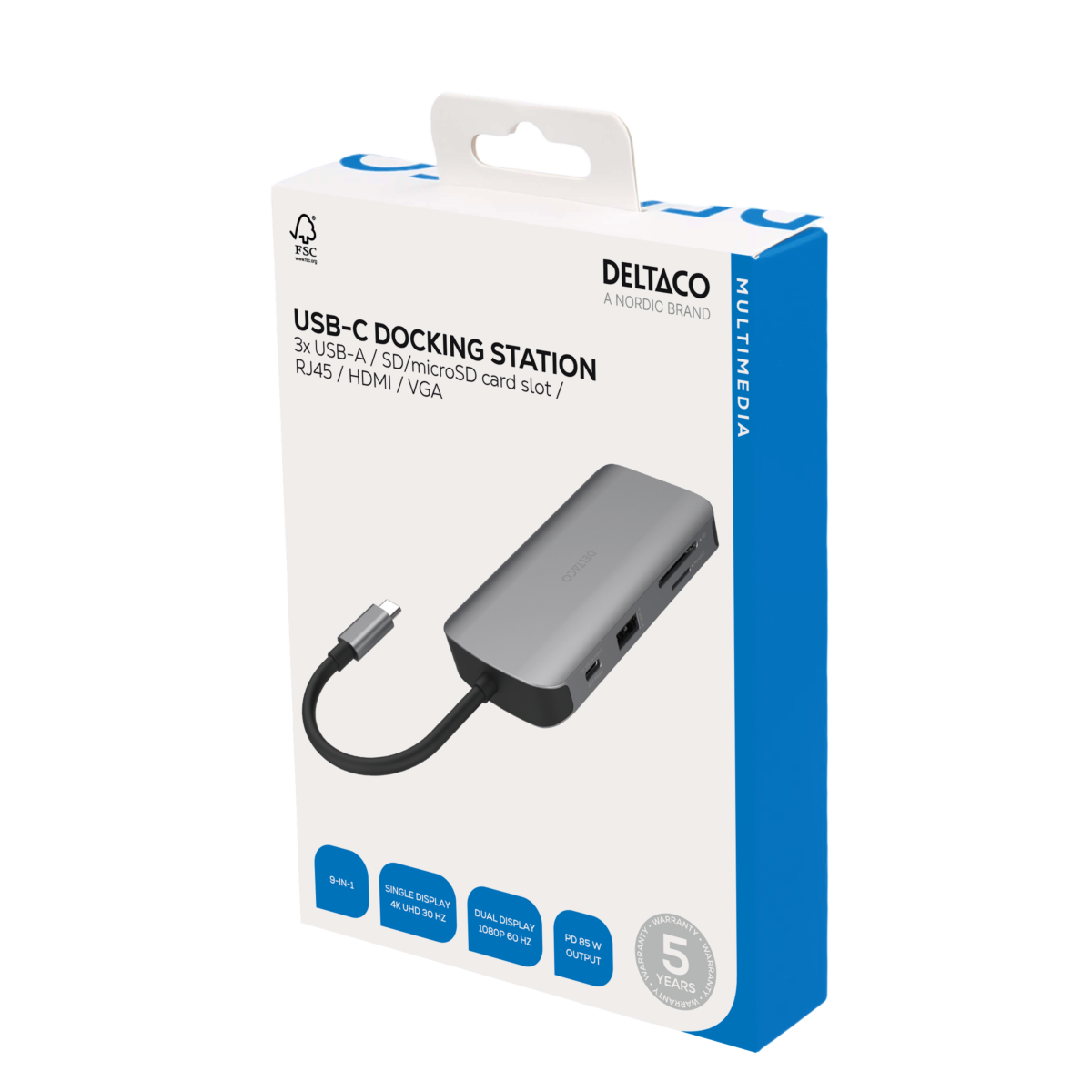 Deltaco USB-C dockingstasjon HDMI/VGA/RJ45/3x USB-A/SD/microSD/USB-C, grå
