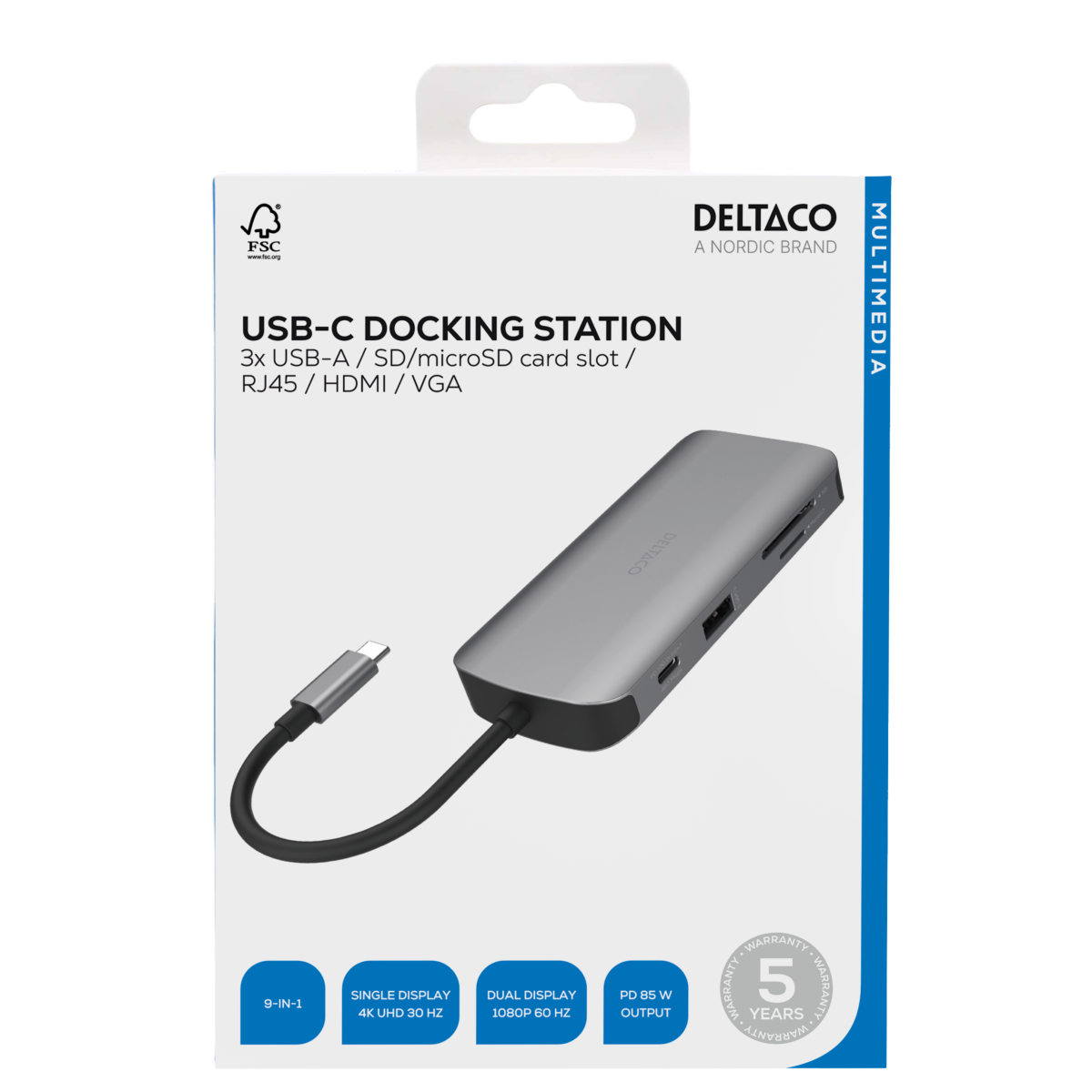 Deltaco USB-C dockingstasjon HDMI/VGA/RJ45/3x USB-A/SD/microSD/USB-C, grå
