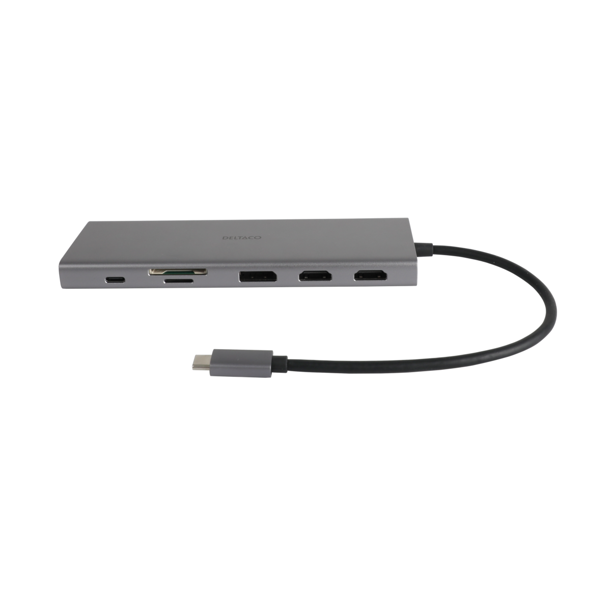 Deltaco 12-i-1 USB-C dockingstasjon trippelskjerm, 4K UHD 60 Hz, PD 85 W, grå