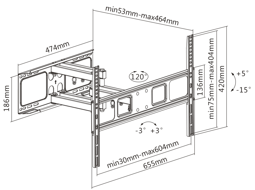 Deltaco Fullt bevegelig veggfeste med arm, buet skjerm, 37"-70", 35 kg, svart