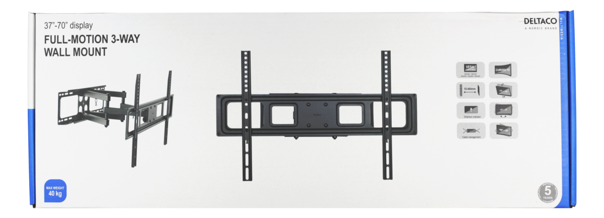 Deltaco Fullt bevegelig veggfeste med arm, buet skjerm, 37"-70", 35 kg, svart