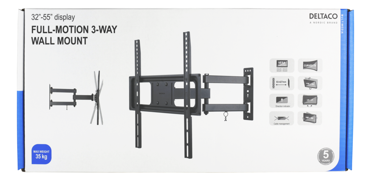 Deltaco Fullt bevegelig veggfeste med arm, buet skjerm, 32"-55", 35 kg, svart