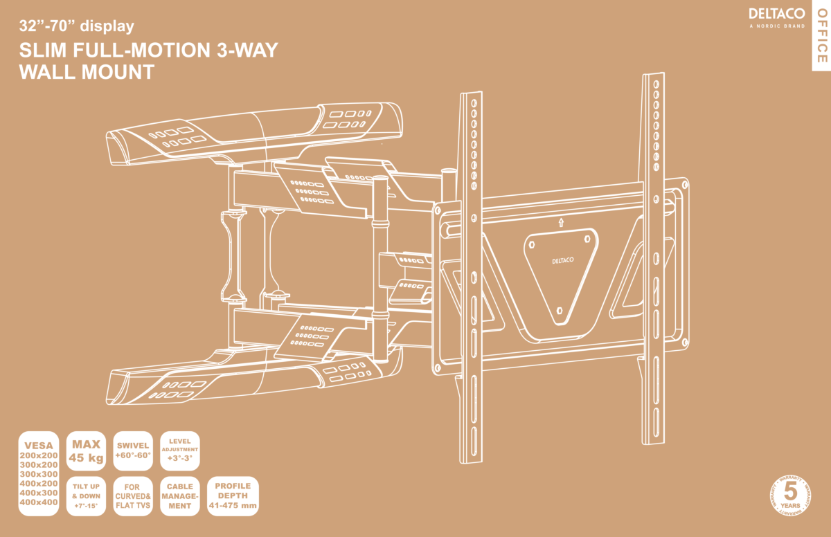Deltaco Lavprofil fullt bevegelig veggfeste med arm, 37"-70", 35 kg, svart