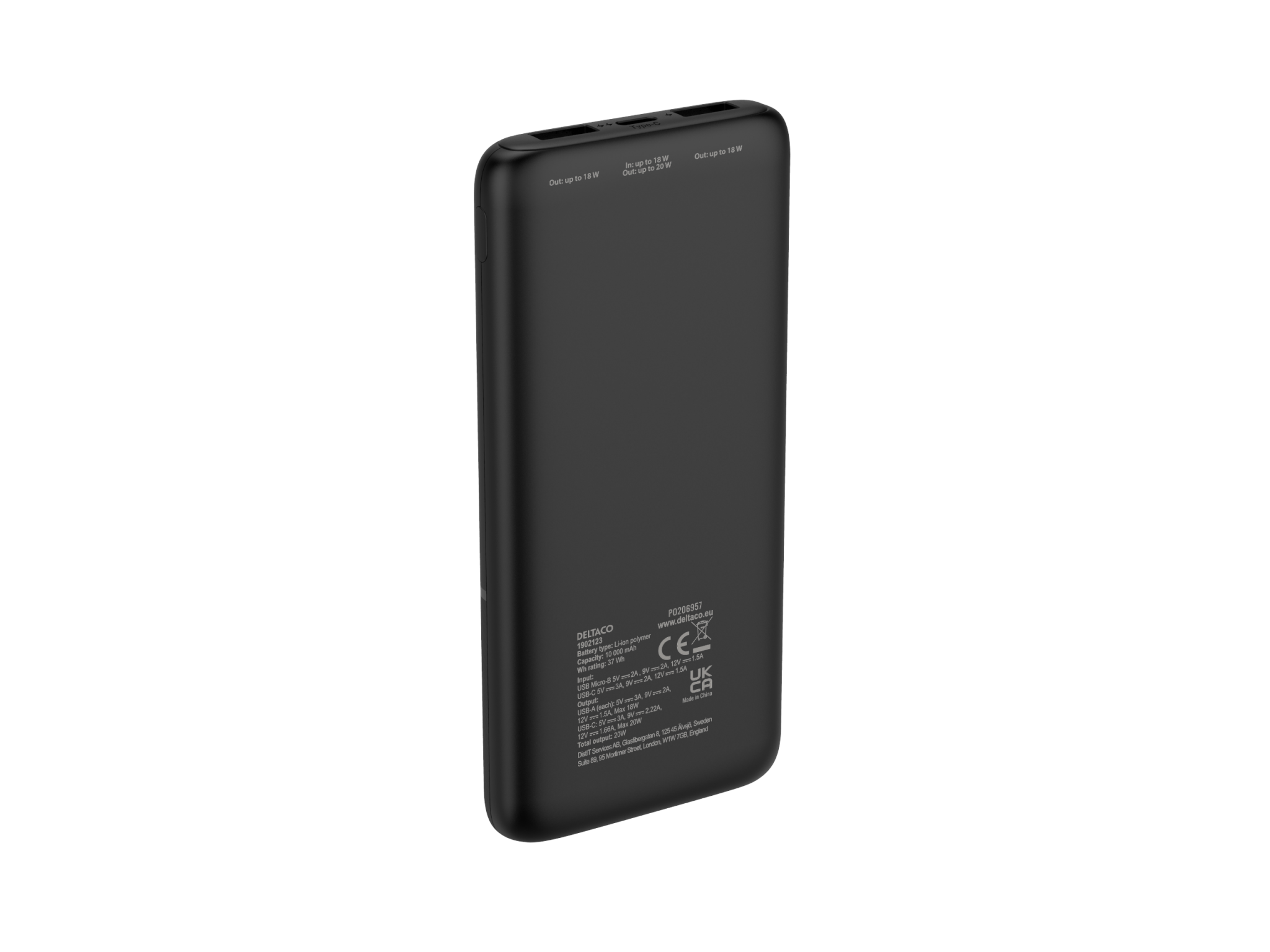 Deltaco Powerbank med hurtiglading og 3 porter, 2 x USB-A 18W, 1 x USB-C 20W PD, 10 000 mAh, svart