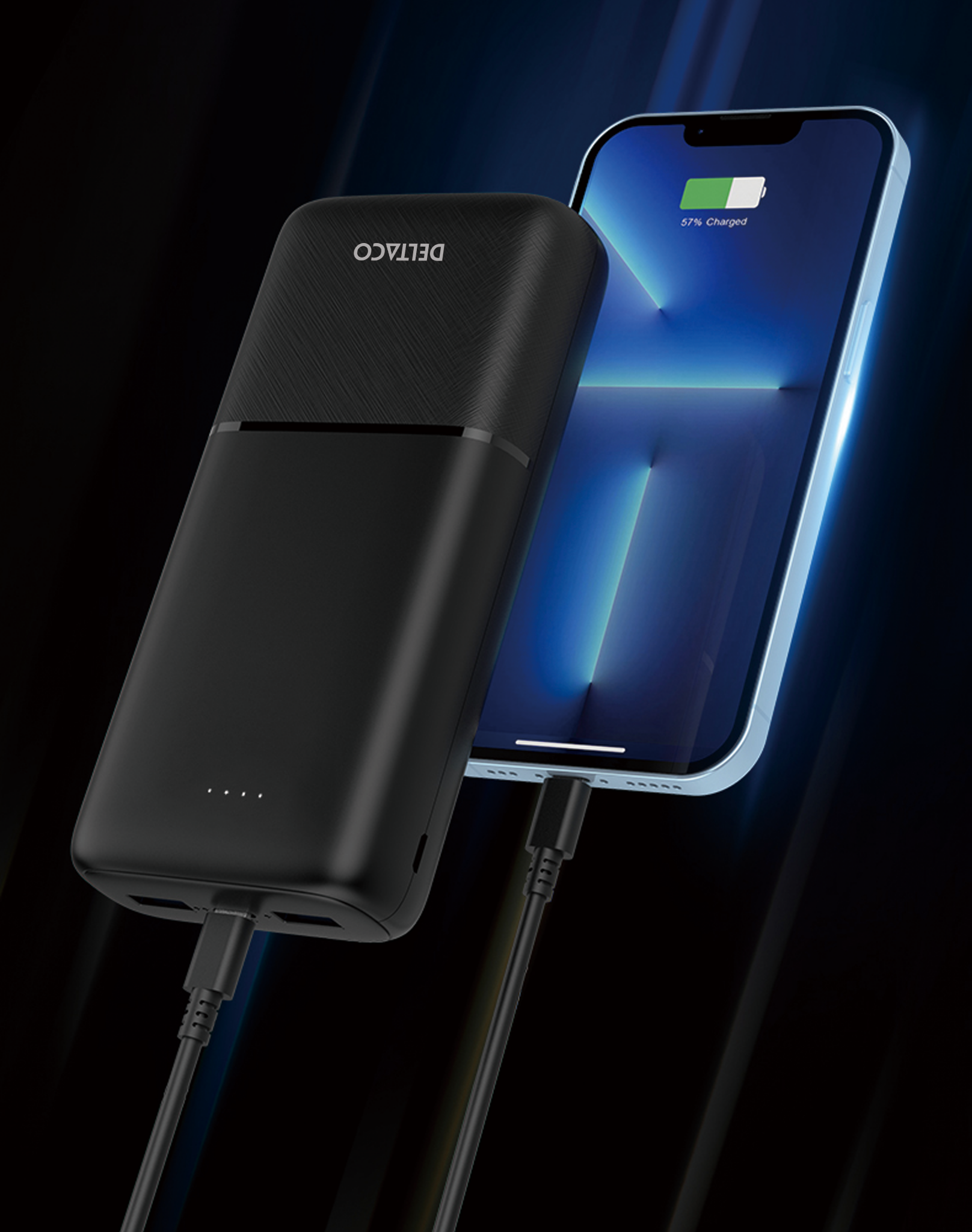 Deltaco Powerbank med hurtiglading og 3 porter, 2 x USB-A 18W, 1 x USB-C 20W PD, 10 000 mAh, svart
