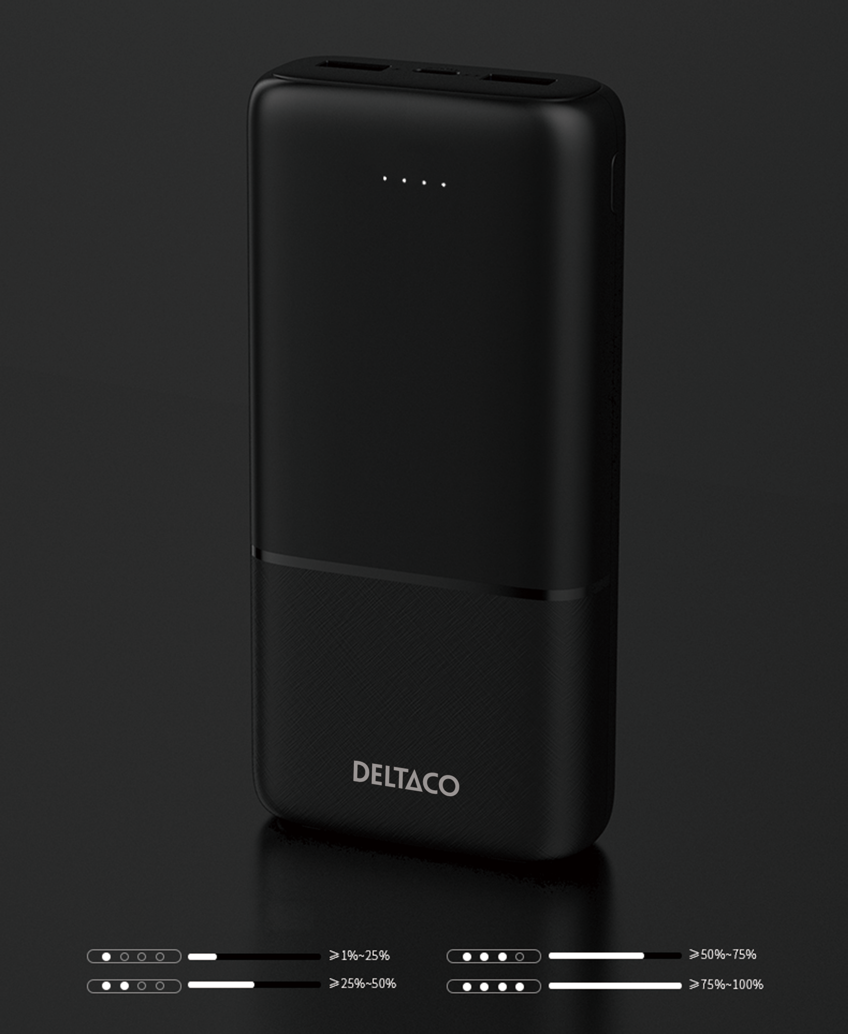 Deltaco Powerbank med hurtiglading og 3 porter, 2 x USB-A 18W, 1 x USB-C 20W PD, 10 000 mAh, svart