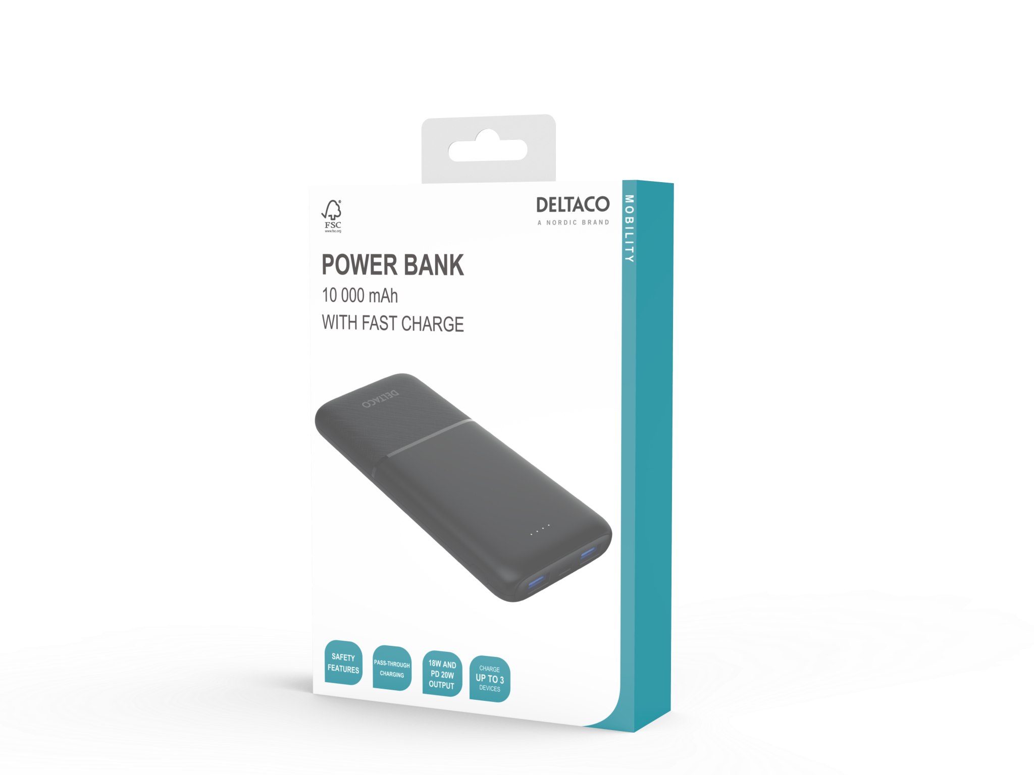 Deltaco Powerbank med hurtiglading og 3 porter, 2 x USB-A 18W, 1 x USB-C 20W PD, 10 000 mAh, svart