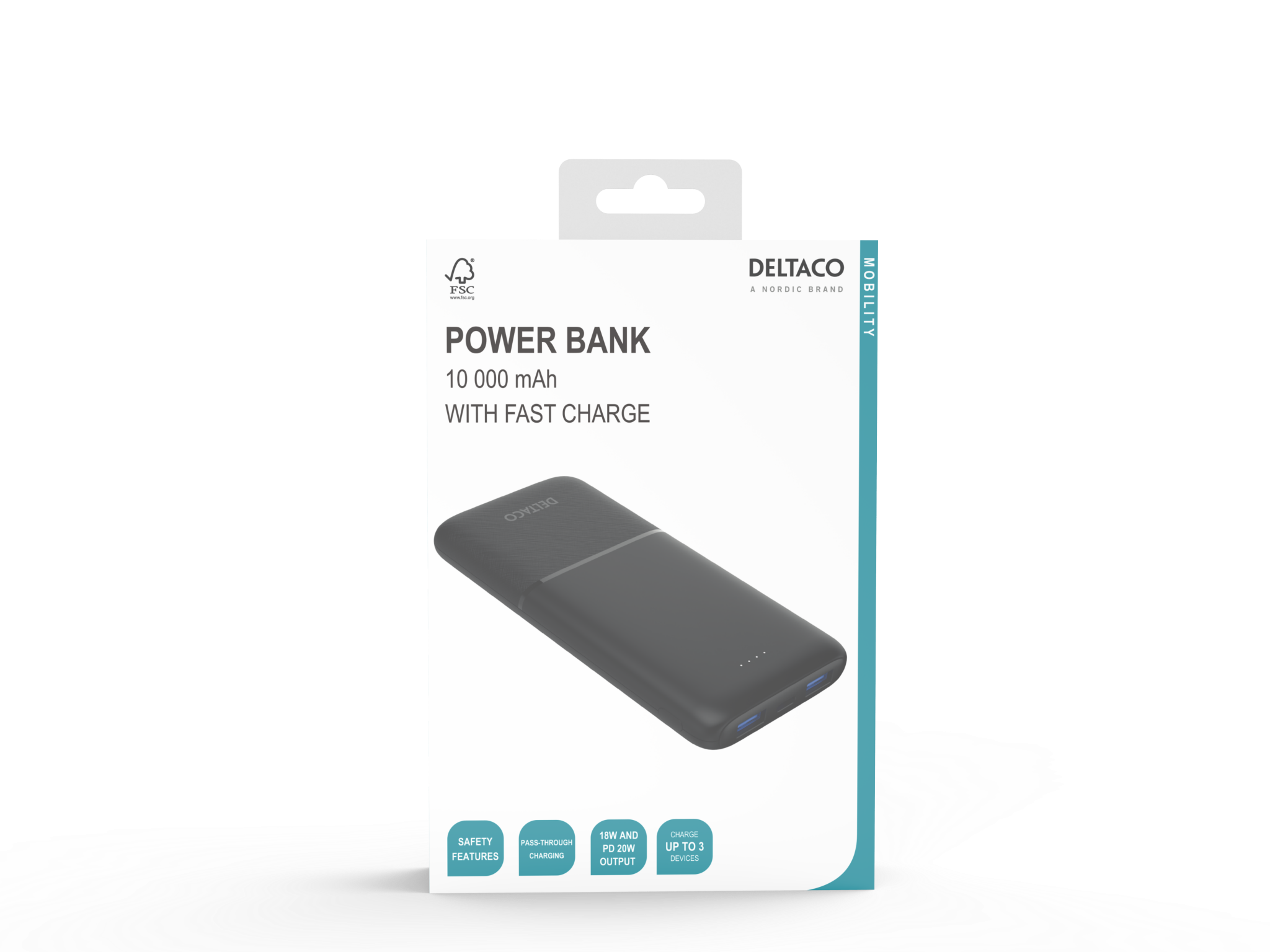 Deltaco Powerbank med hurtiglading og 3 porter, 2 x USB-A 18W, 1 x USB-C 20W PD, 10 000 mAh, svart