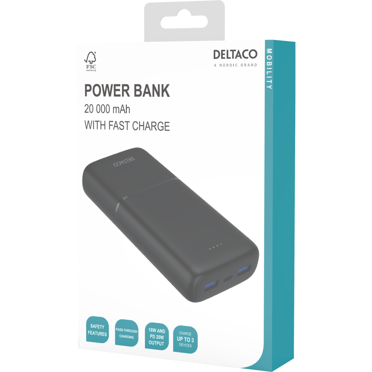 Deltaco Powerbank med hurtiglading og 3 porter, 2 x USB-A 18W, 1 x USB-C 20W PD, 20 000 mAh, svart