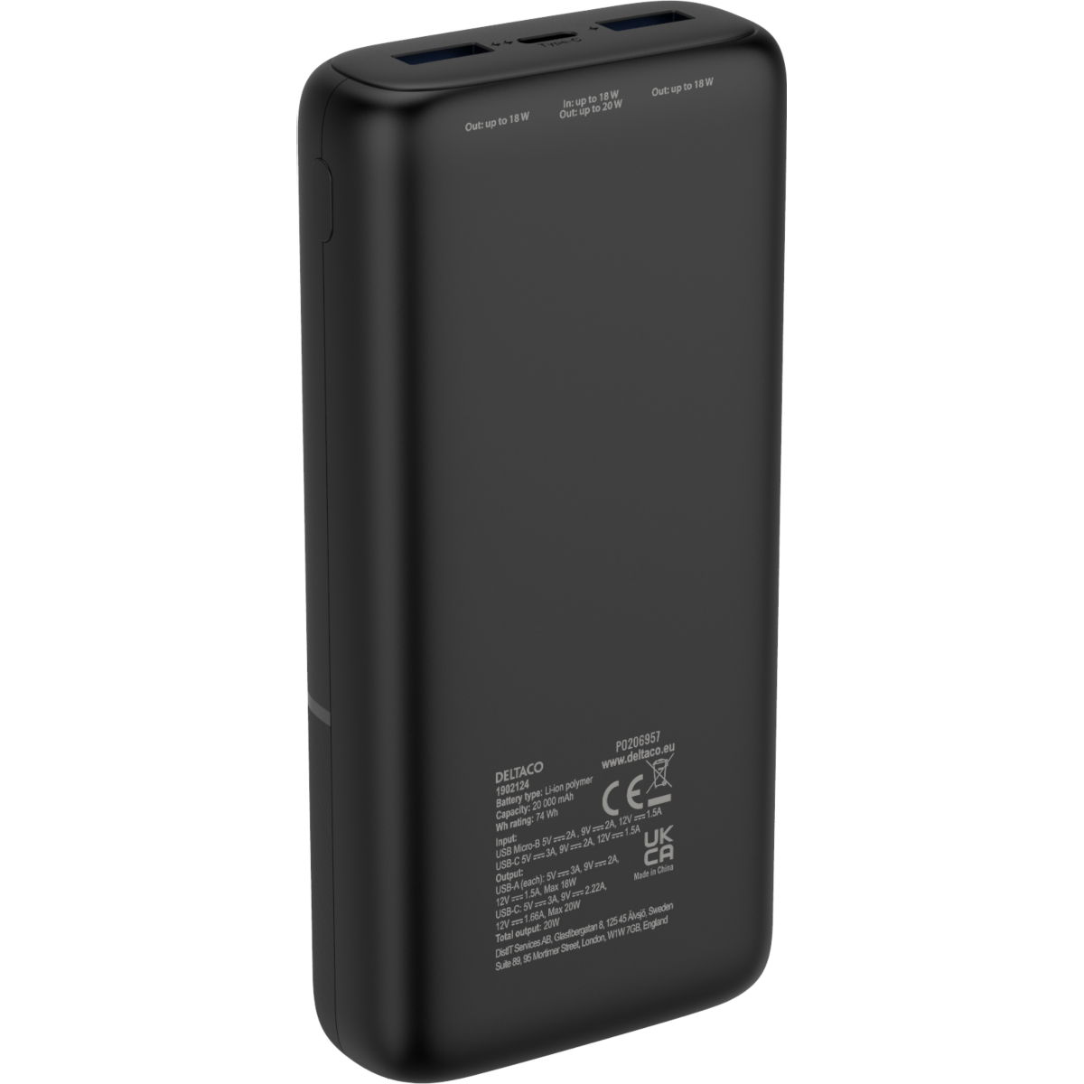 Deltaco Powerbank med hurtiglading og 3 porter, 2 x USB-A 18W, 1 x USB-C 20W PD, 20 000 mAh, svart