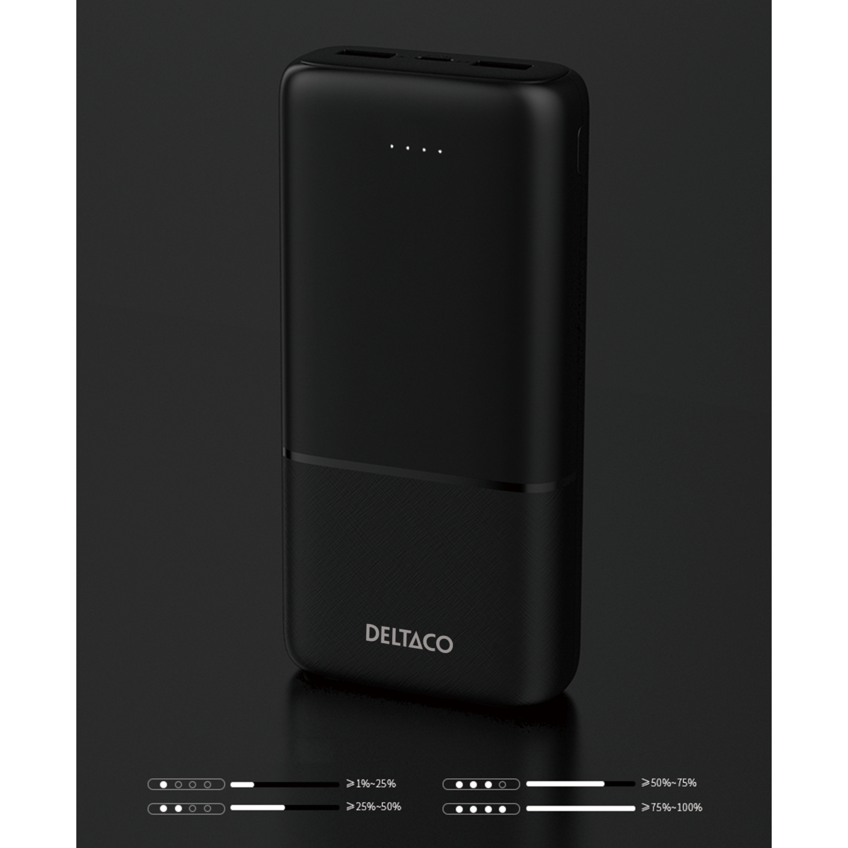 Deltaco Powerbank med hurtiglading og 3 porter, 2 x USB-A 18W, 1 x USB-C 20W PD, 20 000 mAh, svart