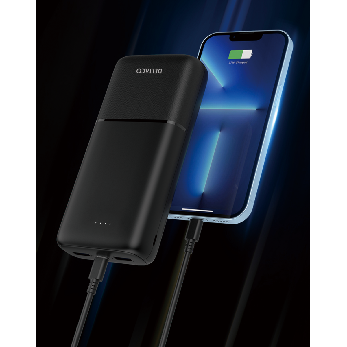Deltaco Powerbank med hurtiglading og 3 porter, 2 x USB-A 18W, 1 x USB-C 20W PD, 20 000 mAh, svart