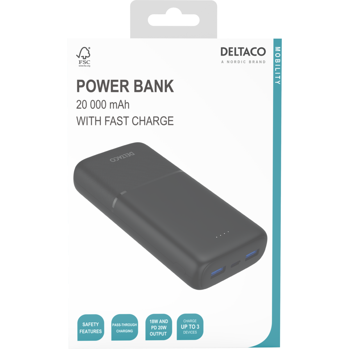 Deltaco Powerbank med hurtiglading og 3 porter, 2 x USB-A 18W, 1 x USB-C 20W PD, 20 000 mAh, svart