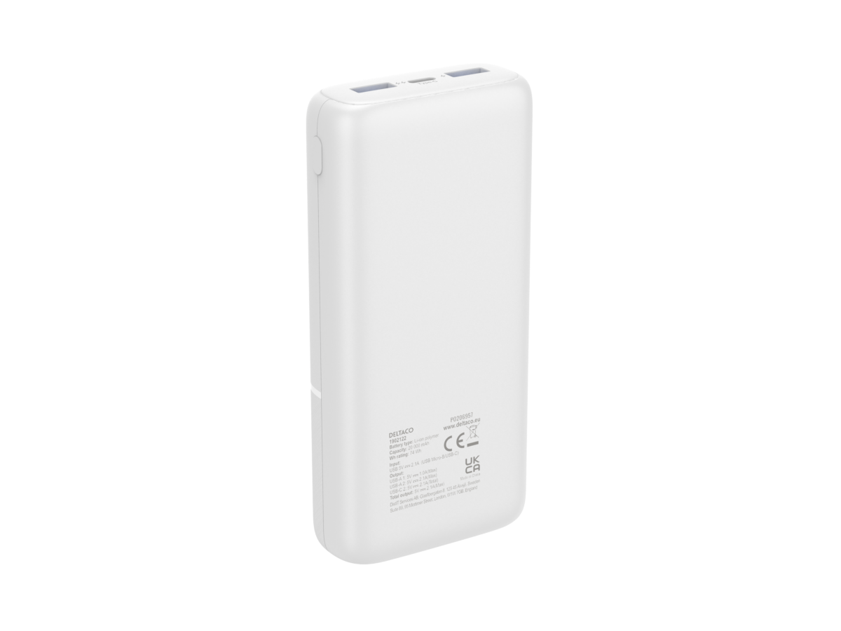 Deltaco Powerbank, 2 x USB-A, 1 x USB-C, 20 000 mAh, hvit