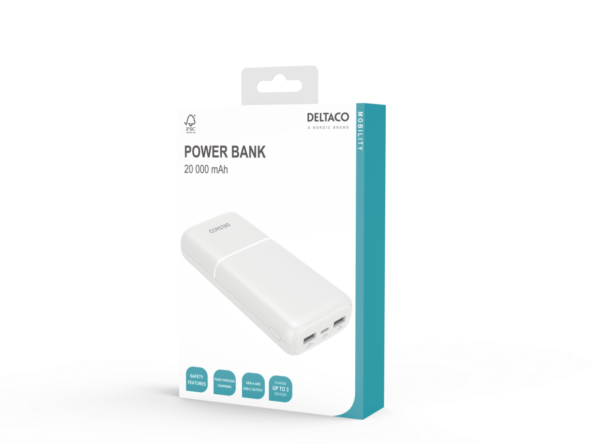 Deltaco Powerbank, 2 x USB-A, 1 x USB-C, 20 000 mAh, hvit