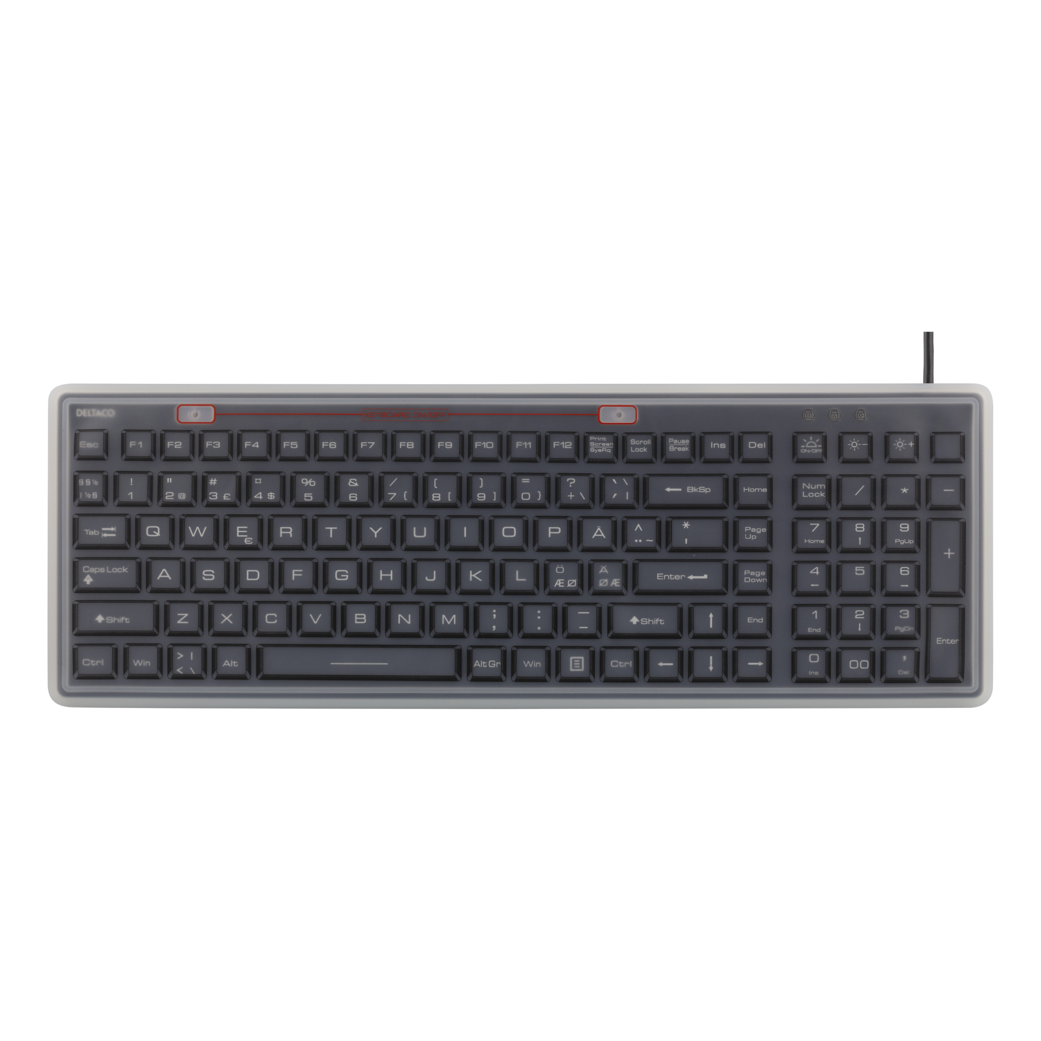 Deltaco Tastatur i silikon, IP68, blå LED, grå/svart