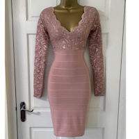 JANE NORMAN Mauve Pink Sequin Lace Plunge Bodycon Party Dress
