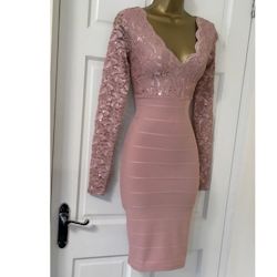 JANE NORMAN Mauve Pink Sequin Lace Plunge Bodycon Party Dress