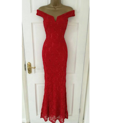 Red Lace Sequin Bardot Fishtail