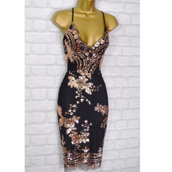 ZARI Black & Gold Sequin Lace Bodycon Evening Mini Party Dress Size 6