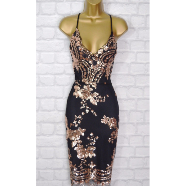 ZARI Black & Gold Sequin Lace Bodycon Evening Mini Party Dress Size 6