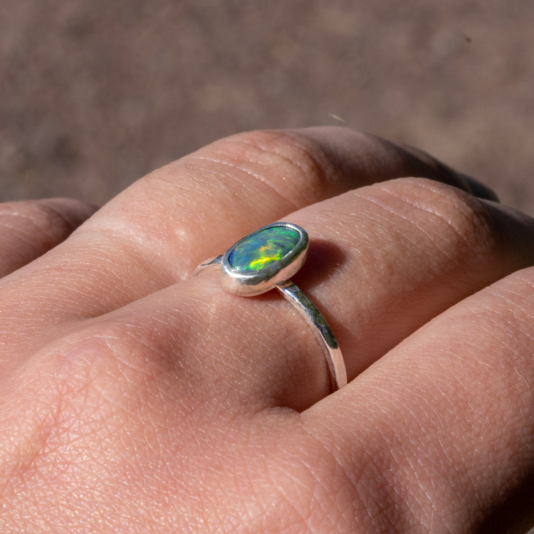 Opal Ring in Sterling Silver Blue Recyled Gemstone