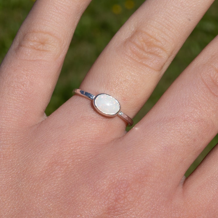 Ring white Opal in Recycled Sterling Silver