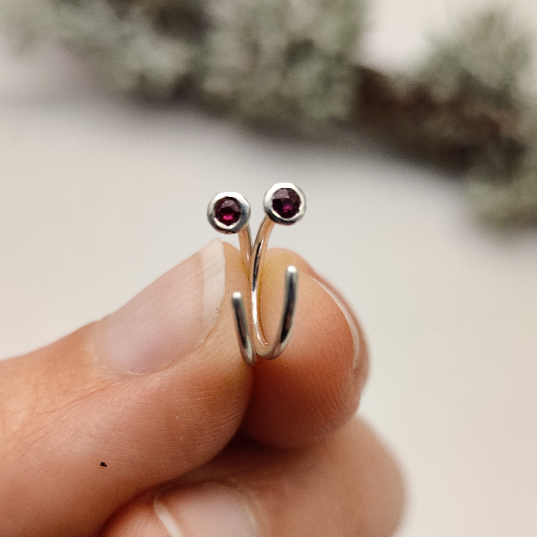 Mini Huggies Earrings with Ruby or Sapphire Sterling Silver