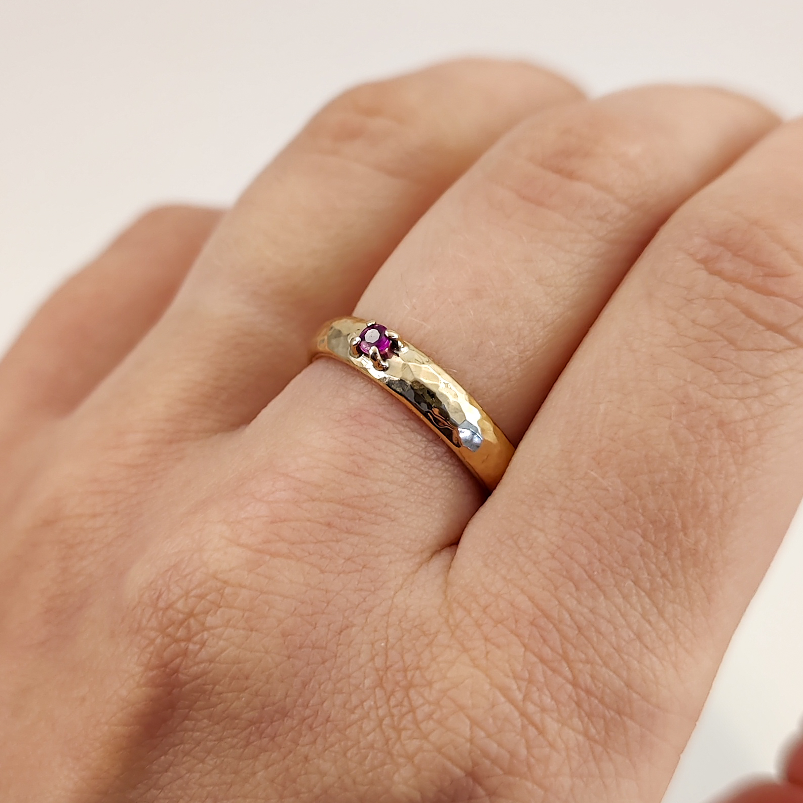 18K Wide Hammered Ring Ruby Recycled Gold