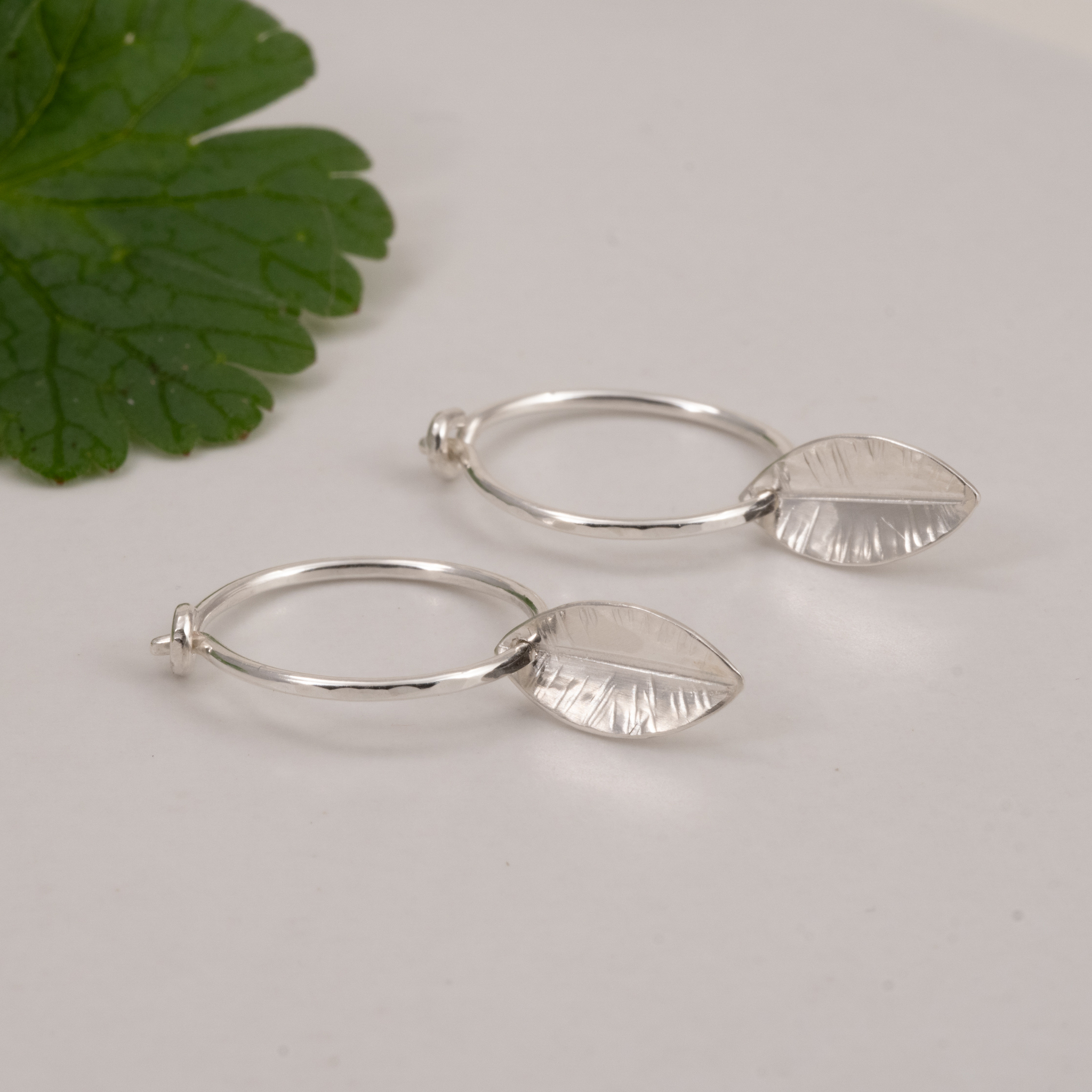 Leaf Hoops Earrings Recycled Sterling Silver