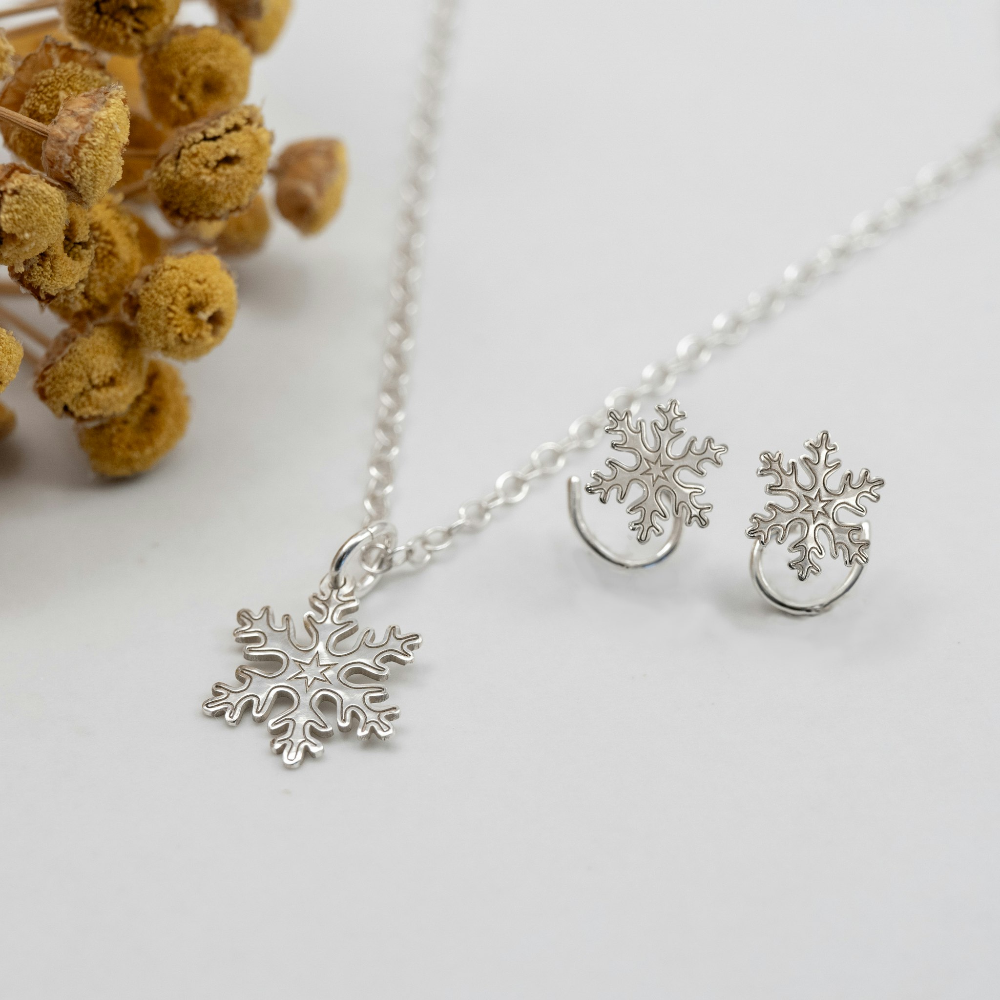 Snowflake Bundle - Comfort Earrings and Necklace Recycled Sterling Silver