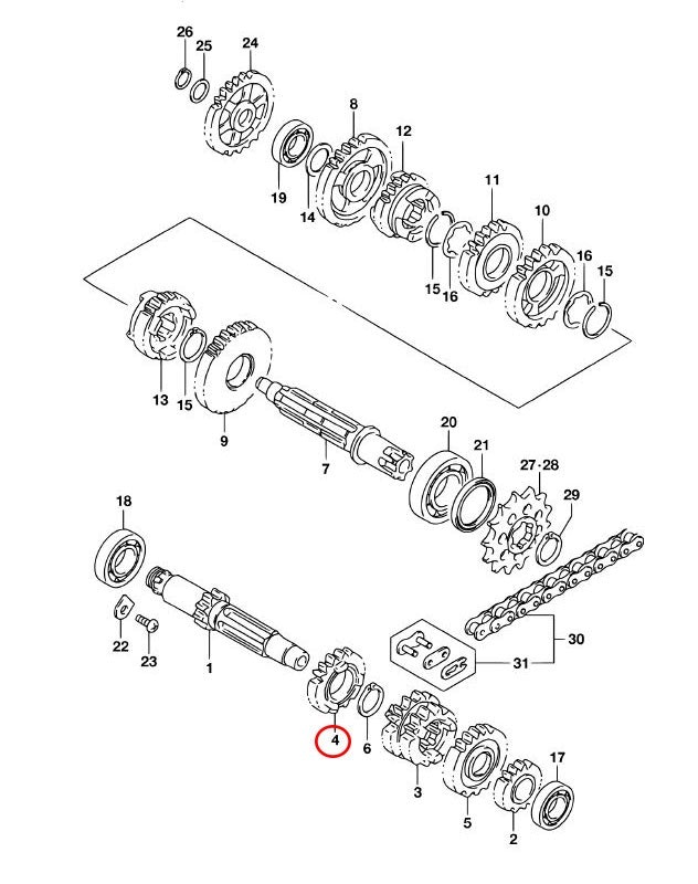 Suzuki RM85 drev växelaxel växellåda 2425102B02