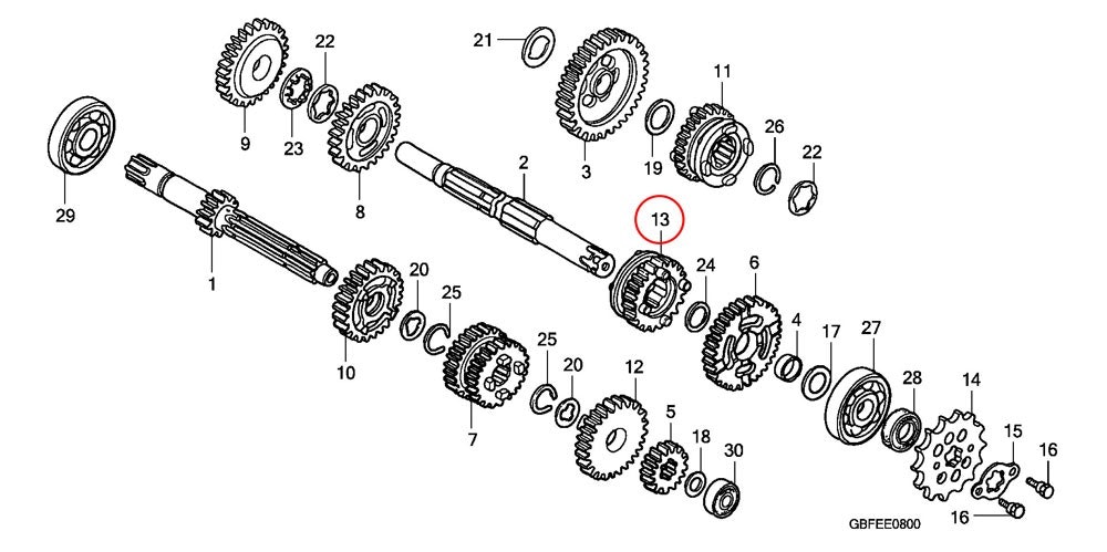 13: Honda CR85 drev växelaxel 6:an (utgått)