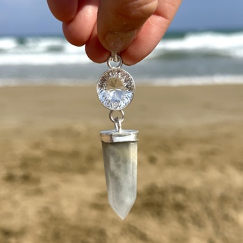 Faceted rock crystal with pink lithium crystal that is actually blue