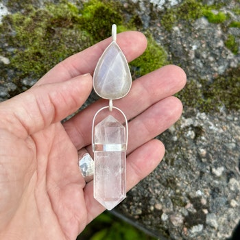 Priestess jewelry for balance, apricot rainbow moonstone with double terminated quartz crystal