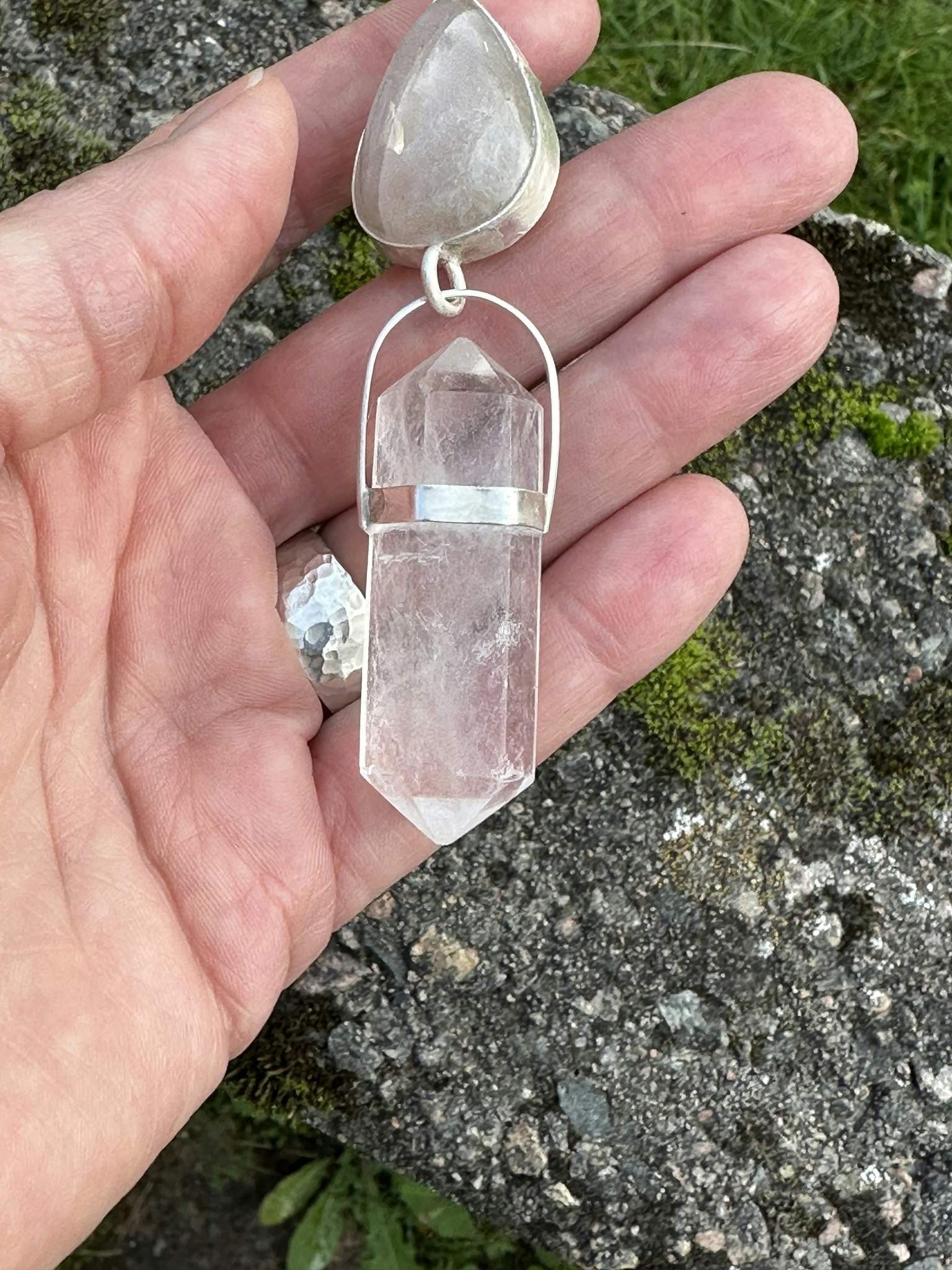 Priestess jewelry for balance, apricot rainbow moonstone with double terminated quartz crystal