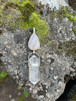 Priestess jewelry for balance, apricot rainbow moonstone with double terminated quartz crystal