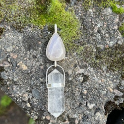 Priestess jewelry for balance, apricot rainbow moonstone with double terminated quartz crystal