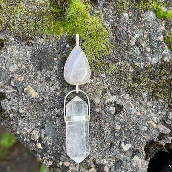 Priestess jewelry for balance, apricot rainbow moonstone with double terminated quartz crystal