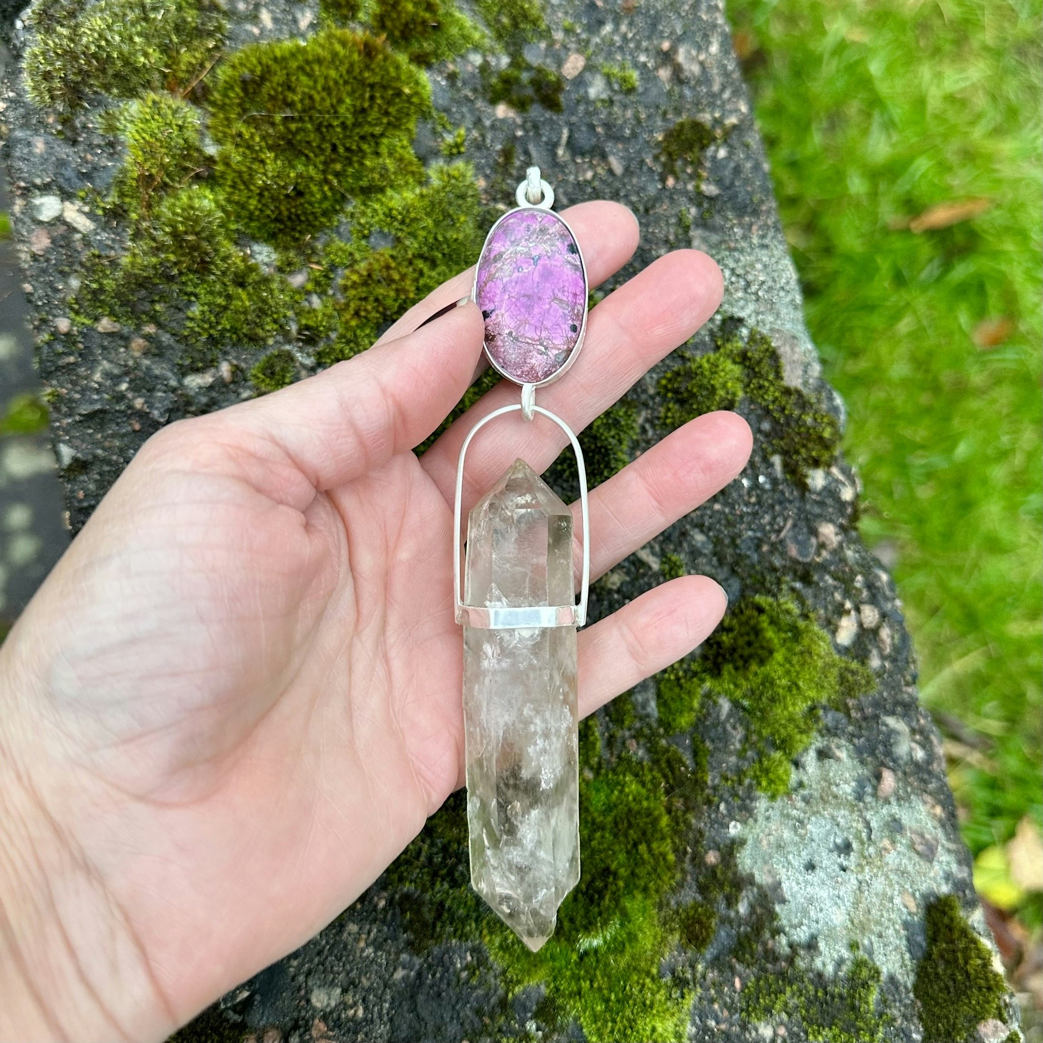 Pink Cobalt Calcite with magical double-terminated Quartz crystal from the Himalayas